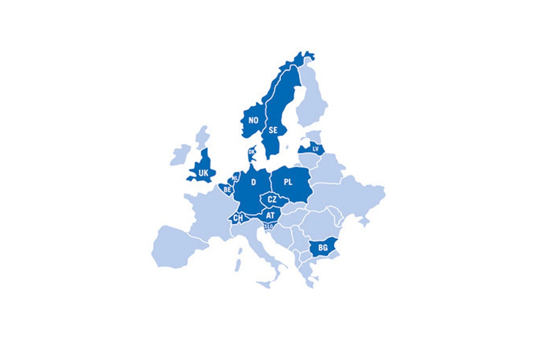 A map of Europe highlighting the countries where Sport-Thieme operates in blue.