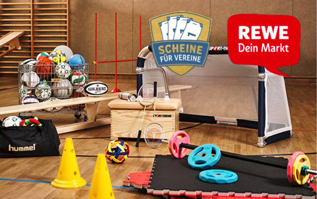 Various sports equipment such as balls, weights, and cones are seen in a gym, accompanied by the "Scheine für Vereine" campaign logos from REWE and Sport-Thieme.