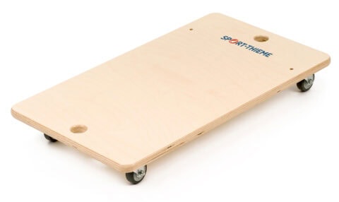 Sport-Thieme wooden scooter board with four sturdy wheels and grip holes for versatile movement exercises.