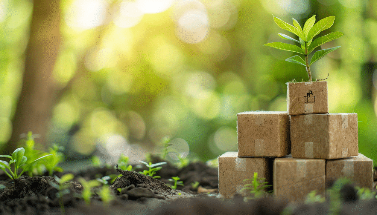 In einem Wald befinden sich mehrere gestapelte Pakete. Auf der Oberfläche eines dieser Pakete wächst eine Pflanze