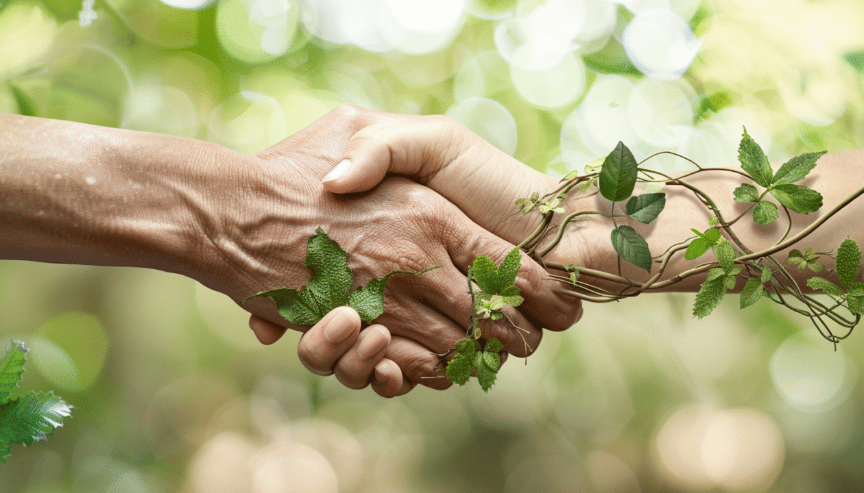 In a forest, two people shake hands. One of the hands is surrounded by plants.