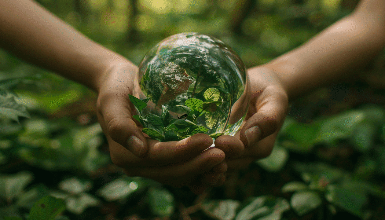 Two hands hold a glass sphere containing visible plants inside.